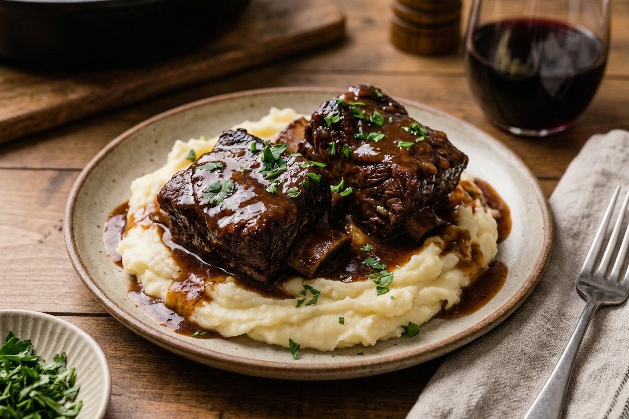 Two braised beef short ribs plated over creamy mashed potatoes with glossy gravy and parsley on a simple dinner table setting