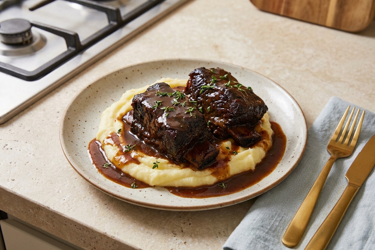 Two braised short ribs plated over mashed potatoes with rich gravy and a sprinkle of fresh thyme on a dinner plate