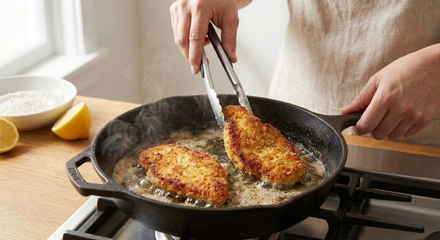 Two breaded chicken cutlets frying in a skillet with bubbling oil, showing crisp golden edges