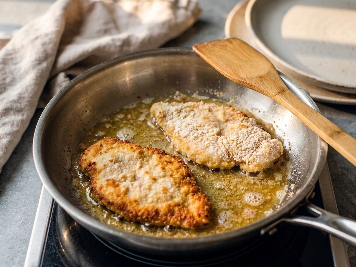Two breaded chicken cutlets frying in a stainless steel skillet with bubbling oil on a home stove, mid-cook with golden edges forming
