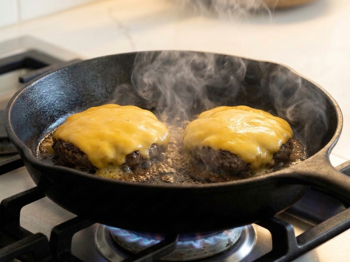 Two burger patties in a skillet topped with melting cheese, with steam rising and the cheese drooping over the edges
