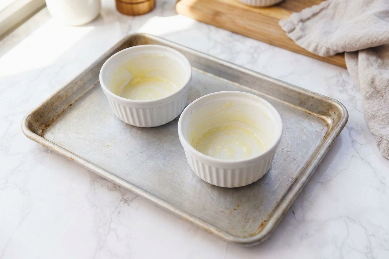 Two buttered white ceramic ramekins on a rimmed sheet pan on a bright kitchen counter