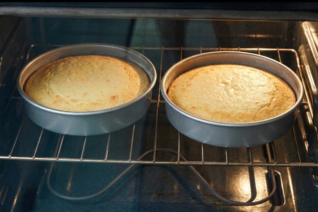 Two cake pans on an oven rack with vanilla cake batter risen and lightly golden around the edges