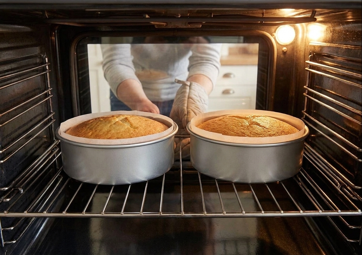 Two cake pans on the middle rack of an oven with lightly risen sponge cakes baking