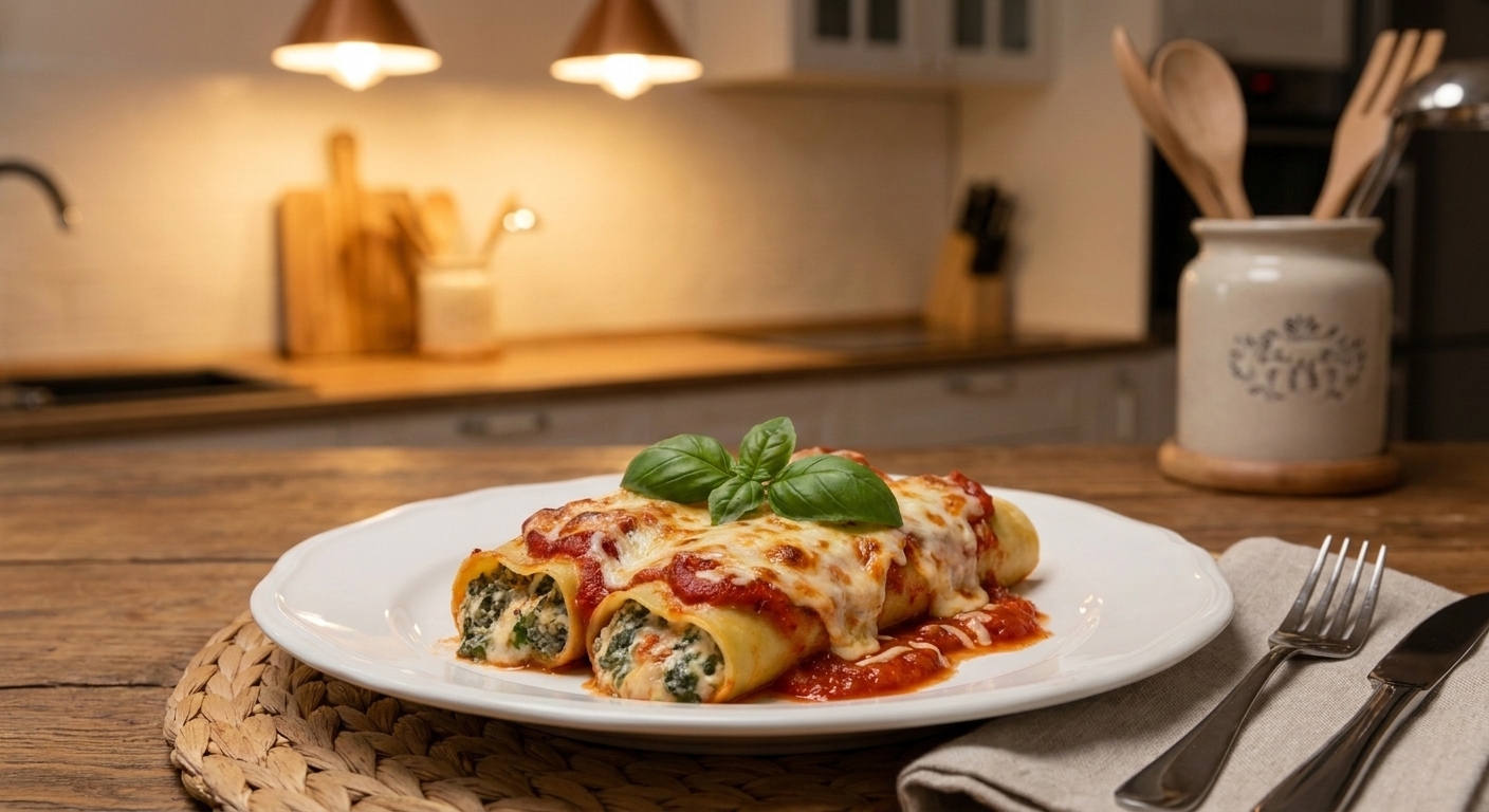 Two cannelloni tubes on a plate with tomato sauce, melted cheese, and fresh basil on a simple dinner table setting