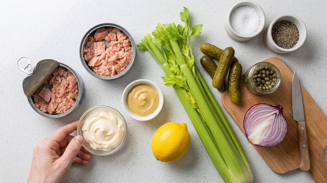 Two cans of tuna, mayonnaise, Dijon mustard, a lemon, celery stalks, dill pickles, red onion, capers, salt, and black pepper arranged on a bright kitchen counter