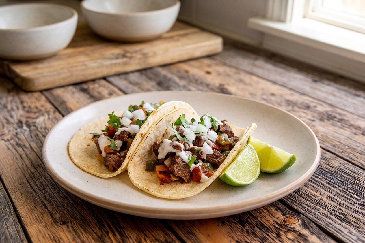 Two carne picada tacos on a ceramic plate topped with chopped onion and cilantro, with lime wedges on the side