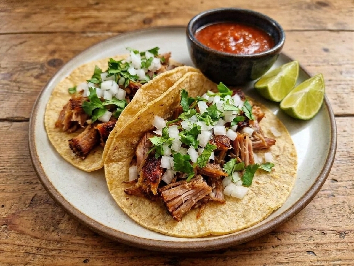 Two carnitas tacos on a plate topped with diced onion and cilantro, with lime wedges and a small bowl of salsa on a wooden table