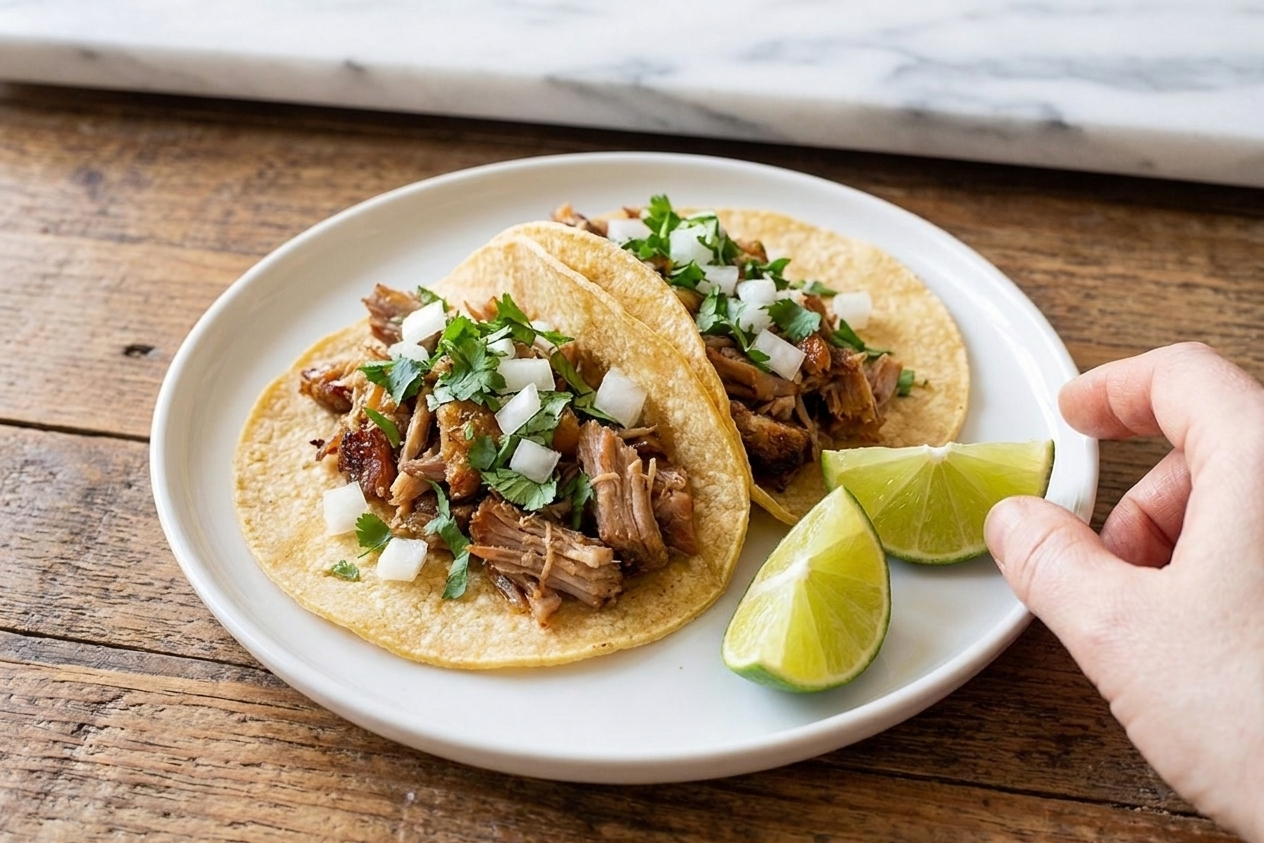 Two carnitas tacos on a simple plate topped with cilantro and diced onion, with lime wedges nearby on a wooden table