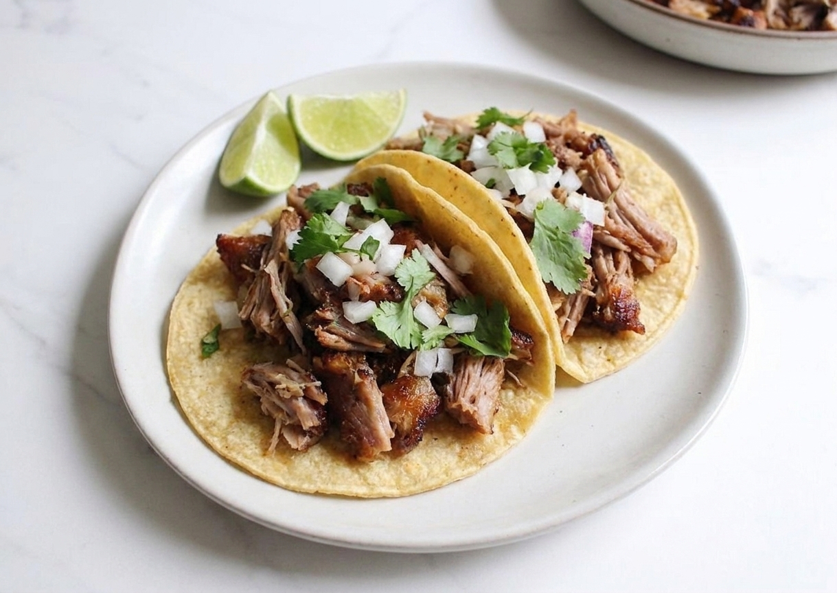 Two carnitas tacos topped with diced onion and cilantro with lime wedges on a simple ceramic plate