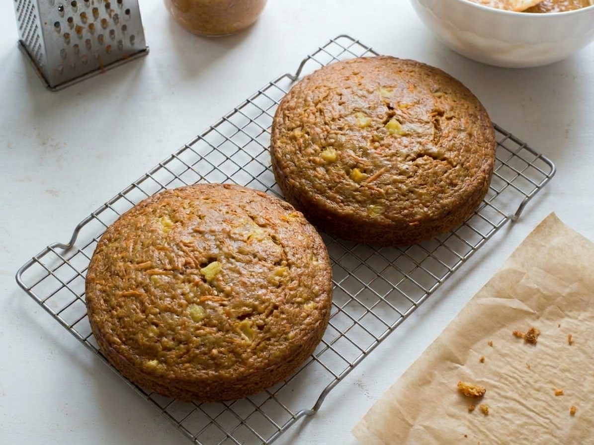 Two carrot cake layers cooling on a wire rack on a kitchen counter with parchment paper nearby