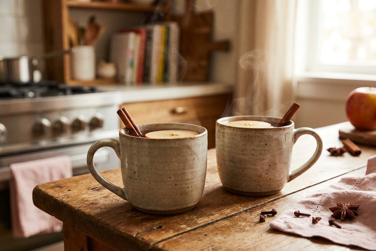 Two ceramic mugs of hot spiced apple cider on a wooden table with a cinnamon stick garnish and a cozy kitchen background