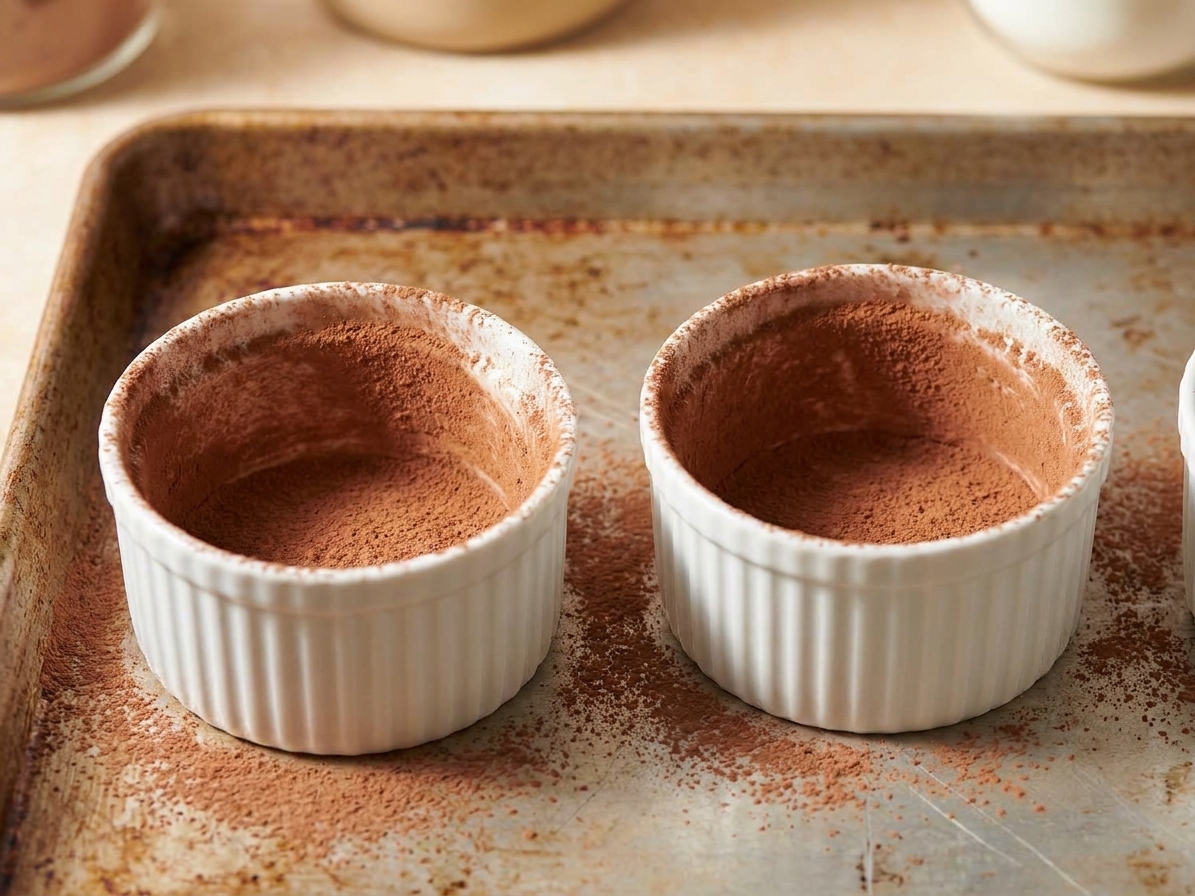 Two ceramic ramekins greased and dusted with cocoa powder on a baking sheet, ready to be filled with chocolate batter