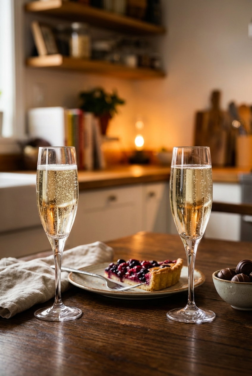 Two champagne flutes filled with sparkling wine on a table set for dessert