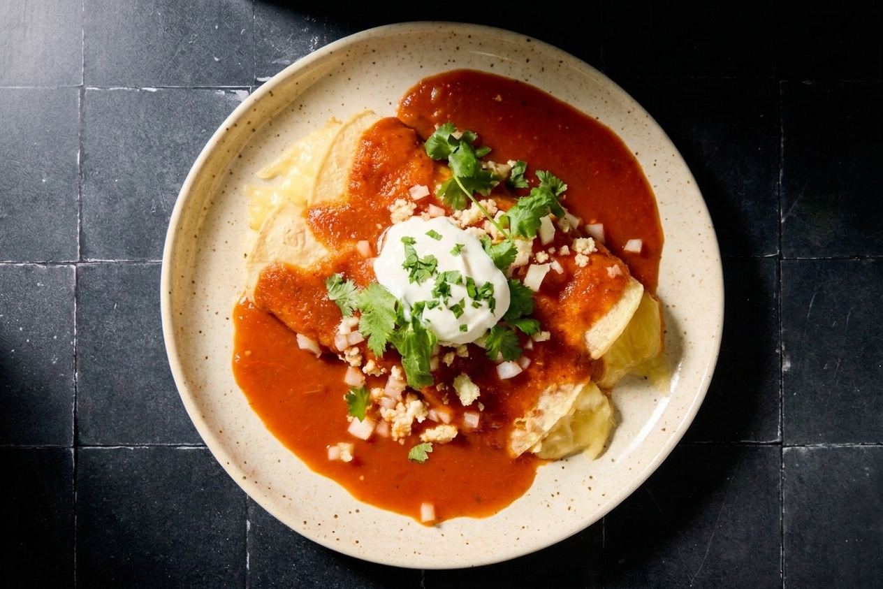 Two cheese enchiladas on a plate with red sauce, sour cream, and cilantro on a dinner table