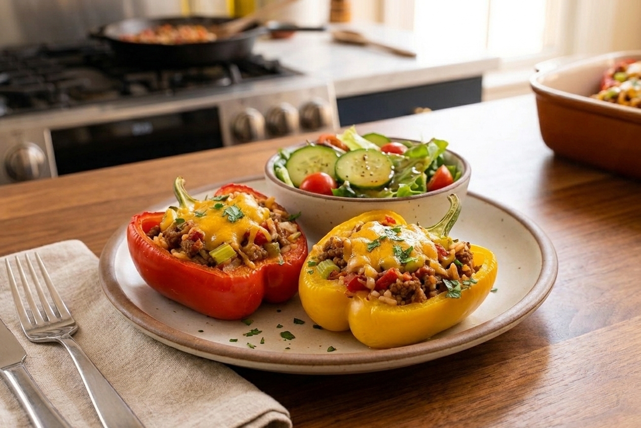 Two cheesy stuffed pepper halves plated with a simple side salad on a dinner table with warm lighting