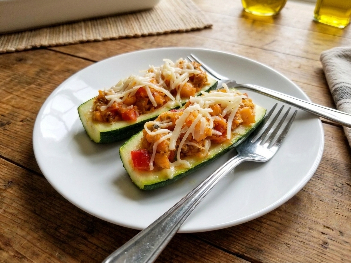 Two cheesy stuffed zucchini boats plated on a simple white plate with a fork, set on a wooden dinner table under warm light