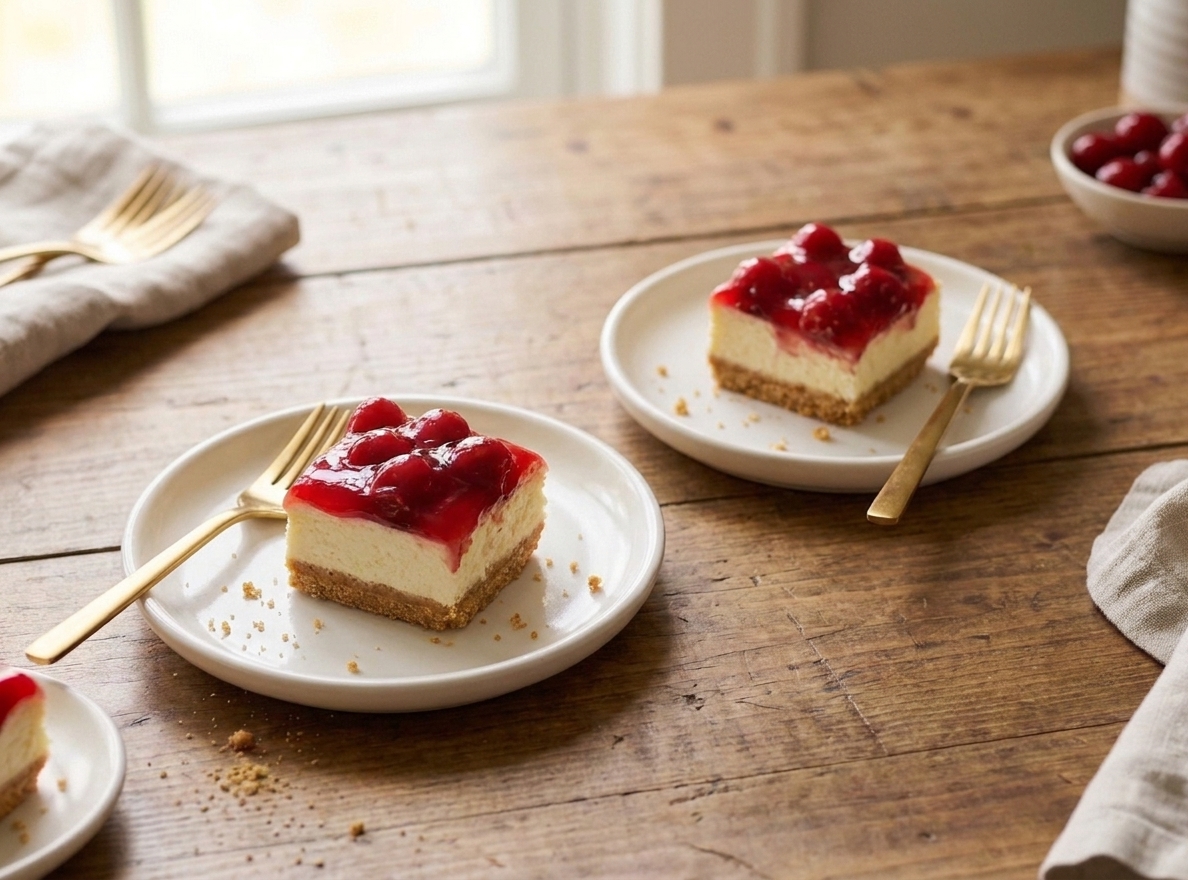 Two cherry delight bars on dessert plates with a fork beside each, set on a simple dining table in soft natural light