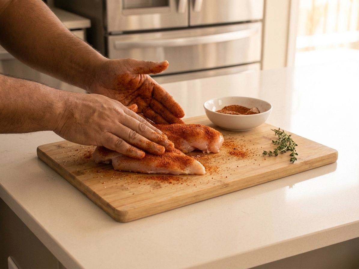 Two chicken breasts on a cutting board being rubbed with paprika and seasoning mixture, with a small bowl of spices nearby