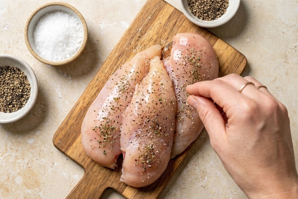 Two chicken breasts on a cutting board seasoned with salt, pepper, and dried herbs ready to be cooked