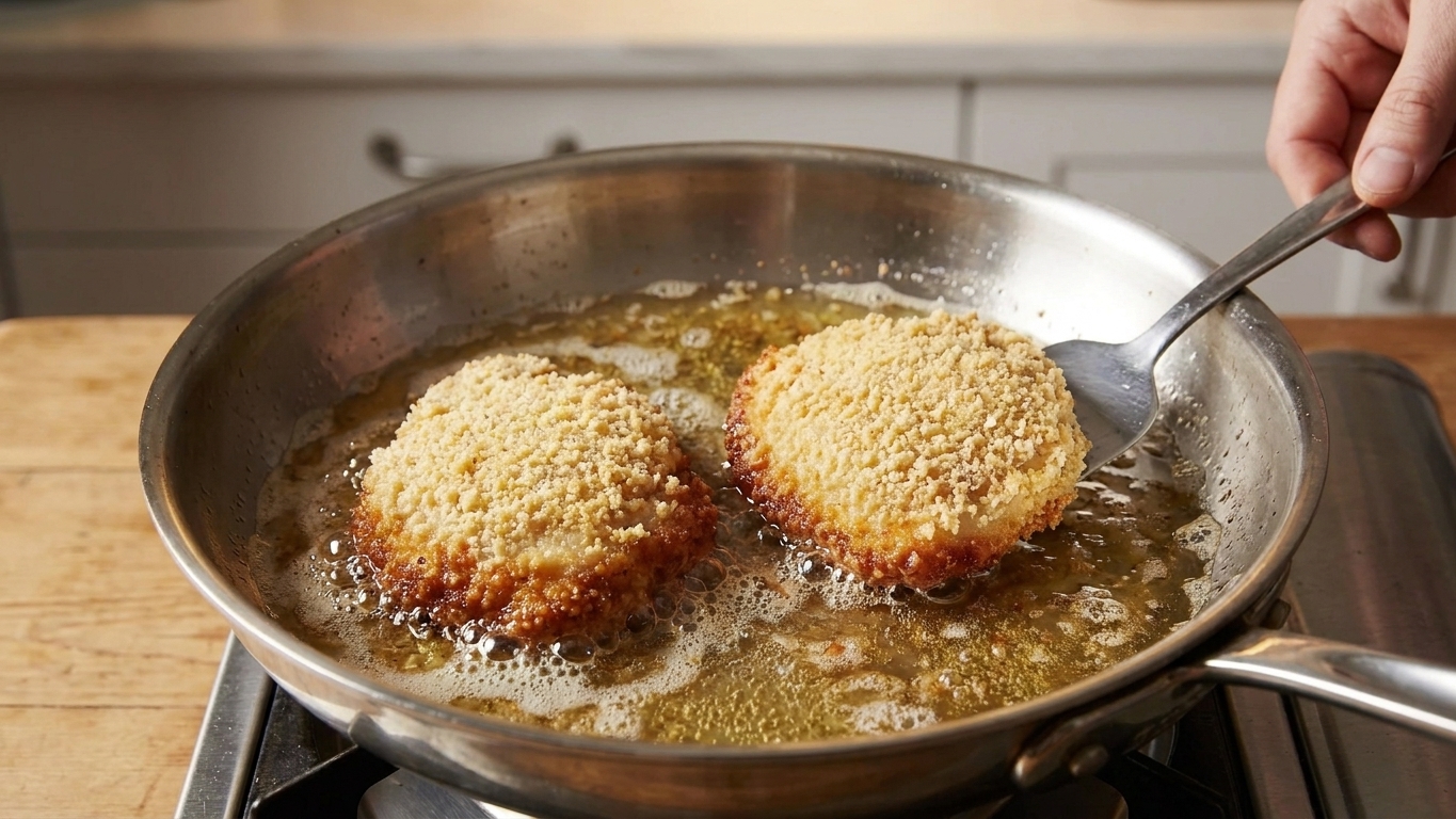 Two chicken cutlets frying in a skillet with bubbling oil, edges turning golden brown on a stovetop