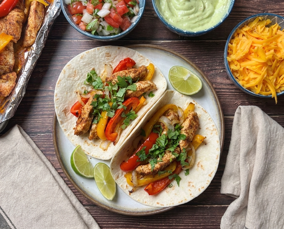 Two chicken fajita tacos on a plate with roasted peppers and onions, topped with cilantro and served with lime wedges on a dinner table