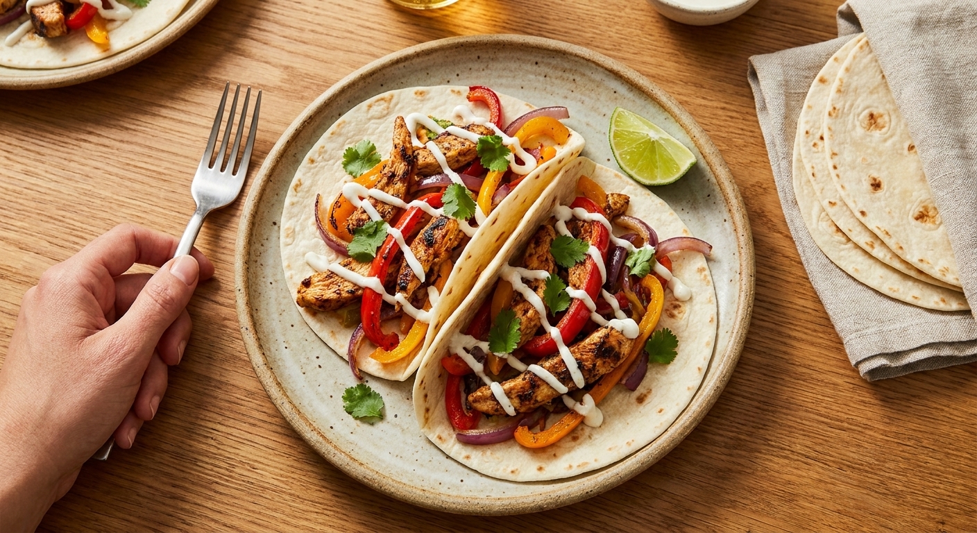 Two chicken fajitas on a plate with warm tortillas, lime crema drizzled on top, and a lime wedge on the side on a simple dinner table
