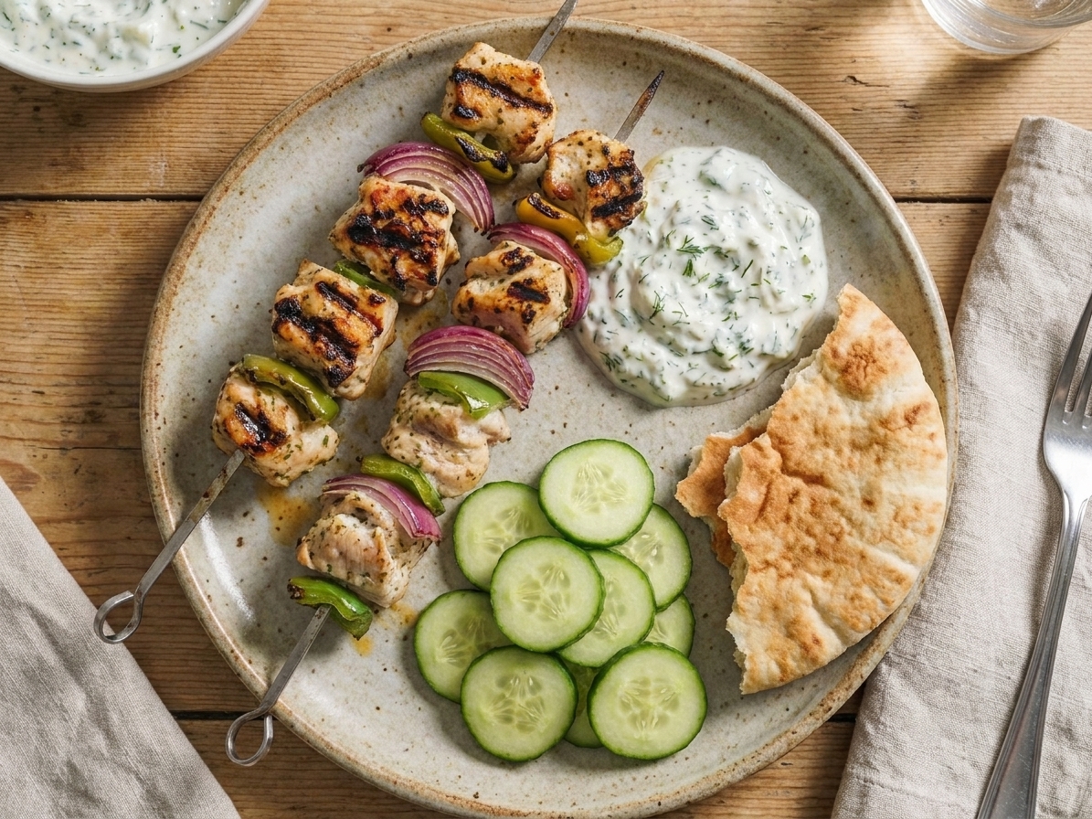 Two chicken kebabs plated with a spoonful of herby yogurt sauce, sliced cucumbers, and warm pita on a simple ceramic plate at a wooden table