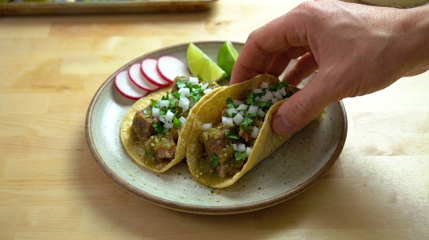 Two chile verde tacos on a plate topped with diced onion and cilantro, with radishes and lime wedges on the side on a wooden table