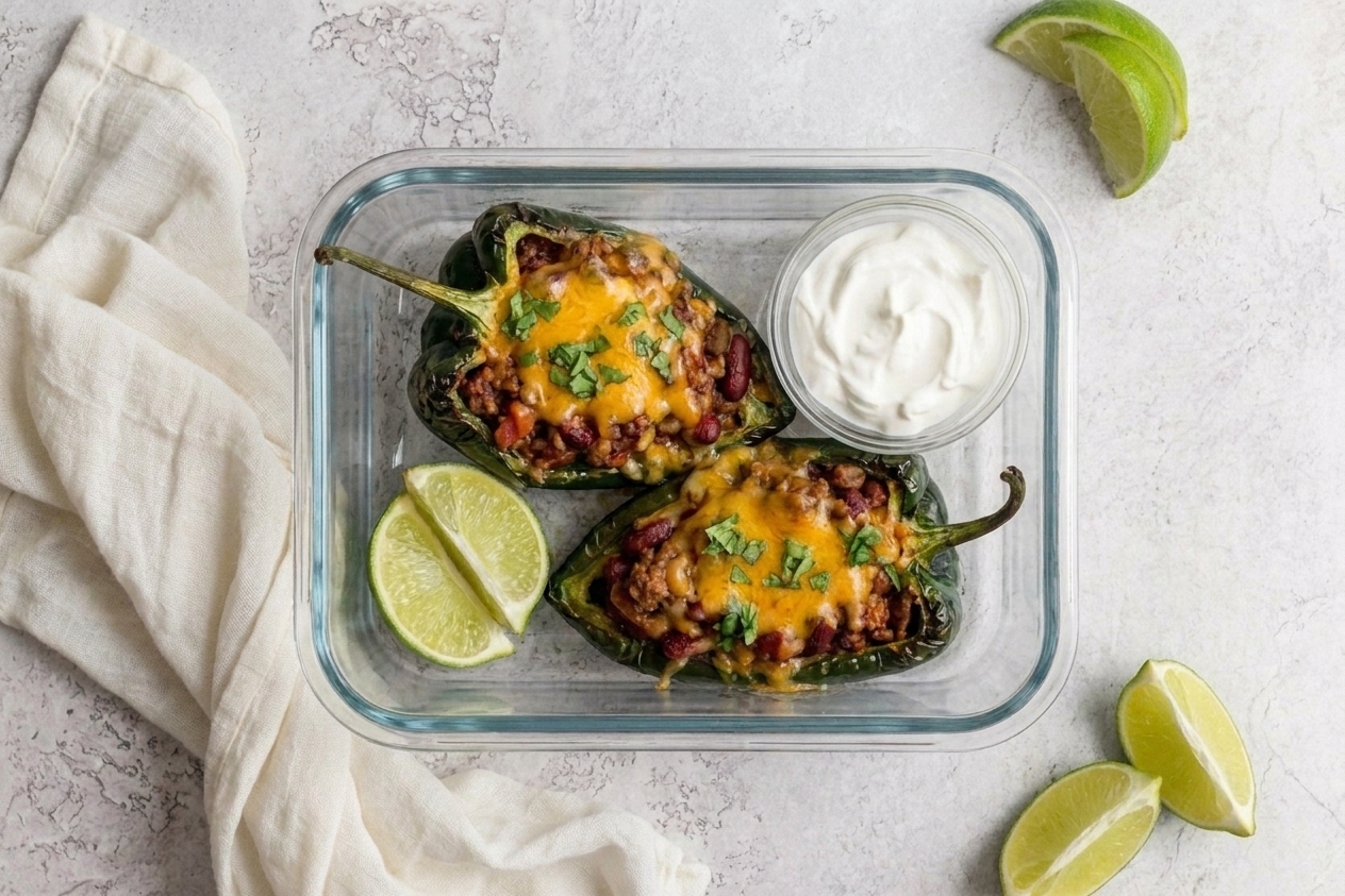 Two chili stuffed poblano peppers in a glass meal prep container with a separate small cup of sour cream on a kitchen counter