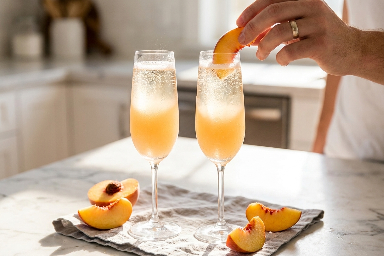 Two chilled champagne flutes filled with pale peach bellinis topped with sparkling bubbles on a sunlit kitchen counter