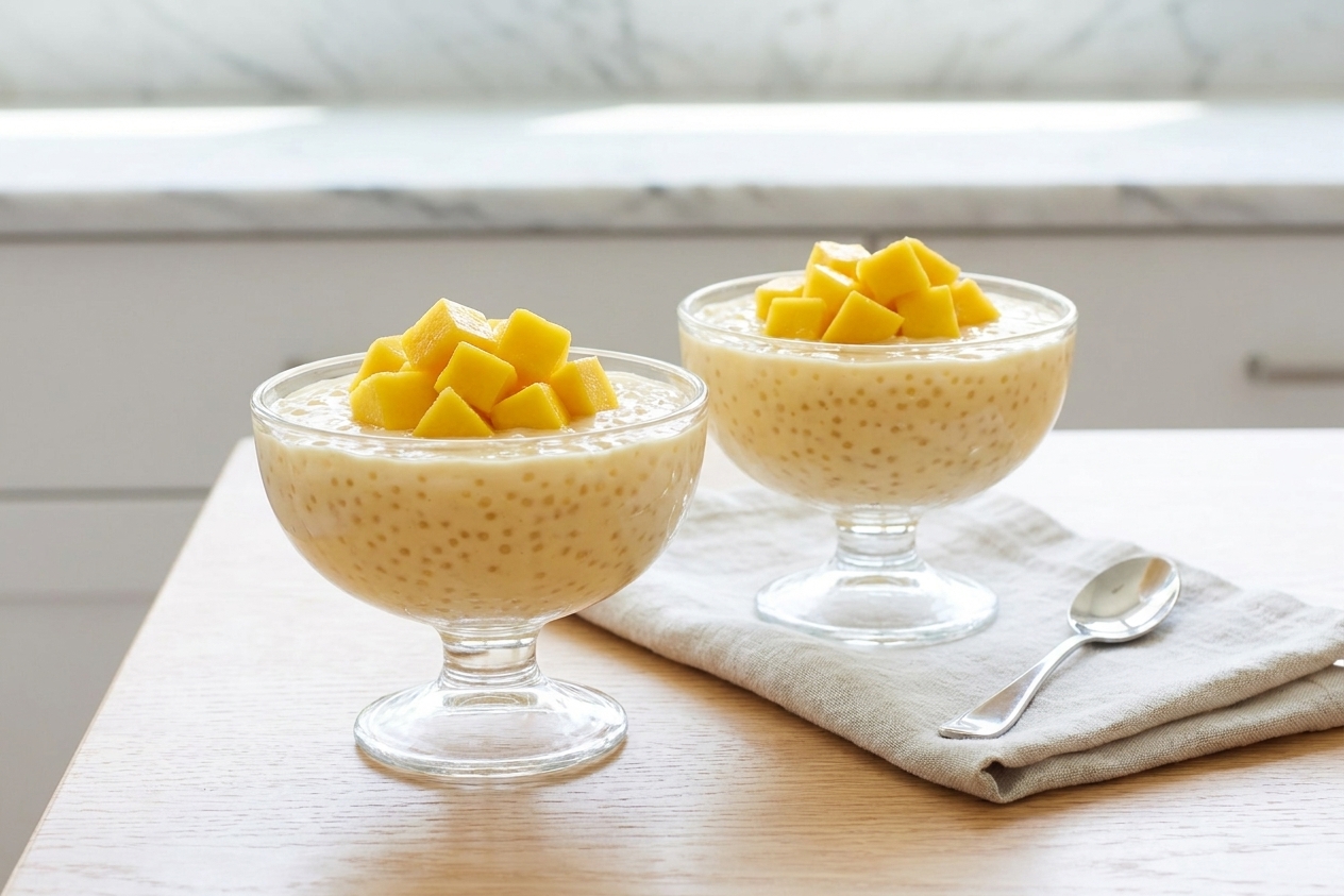 Two chilled dessert glasses filled with mango sago topped with fresh mango cubes on a simple dining table setting