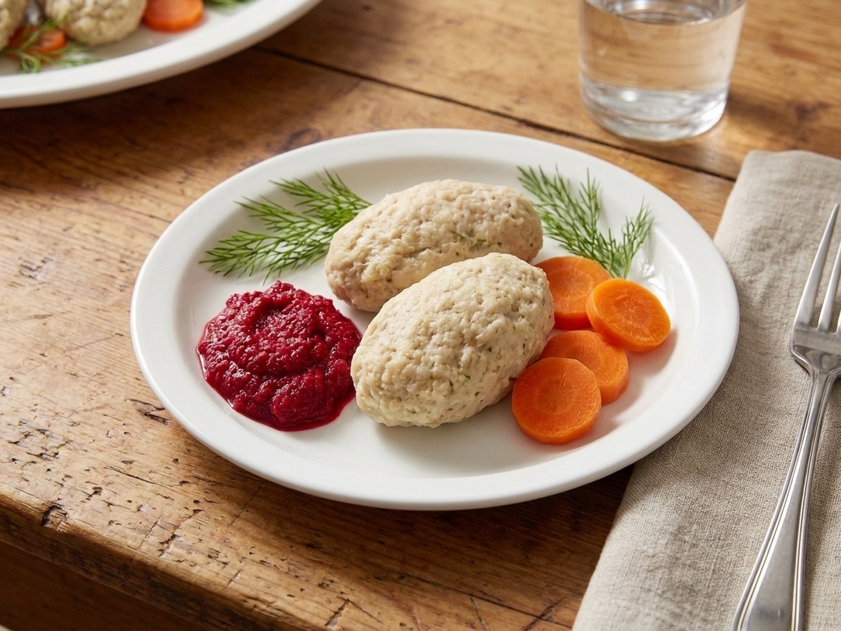 Two chilled gefilte fish patties on a small plate with carrot coins and a spoonful of beet horseradish, set on a simple dinner table