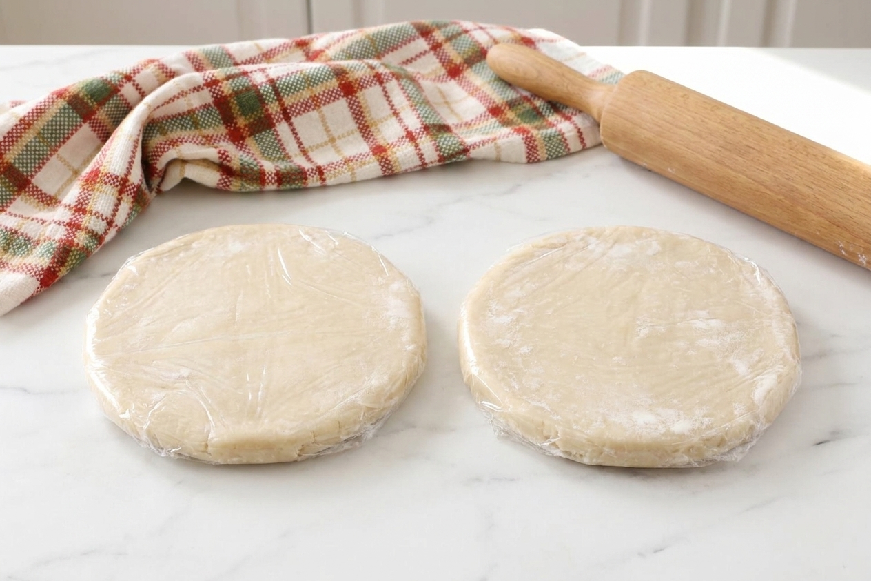 Two chilled pie dough discs wrapped in plastic on a light kitchen counter