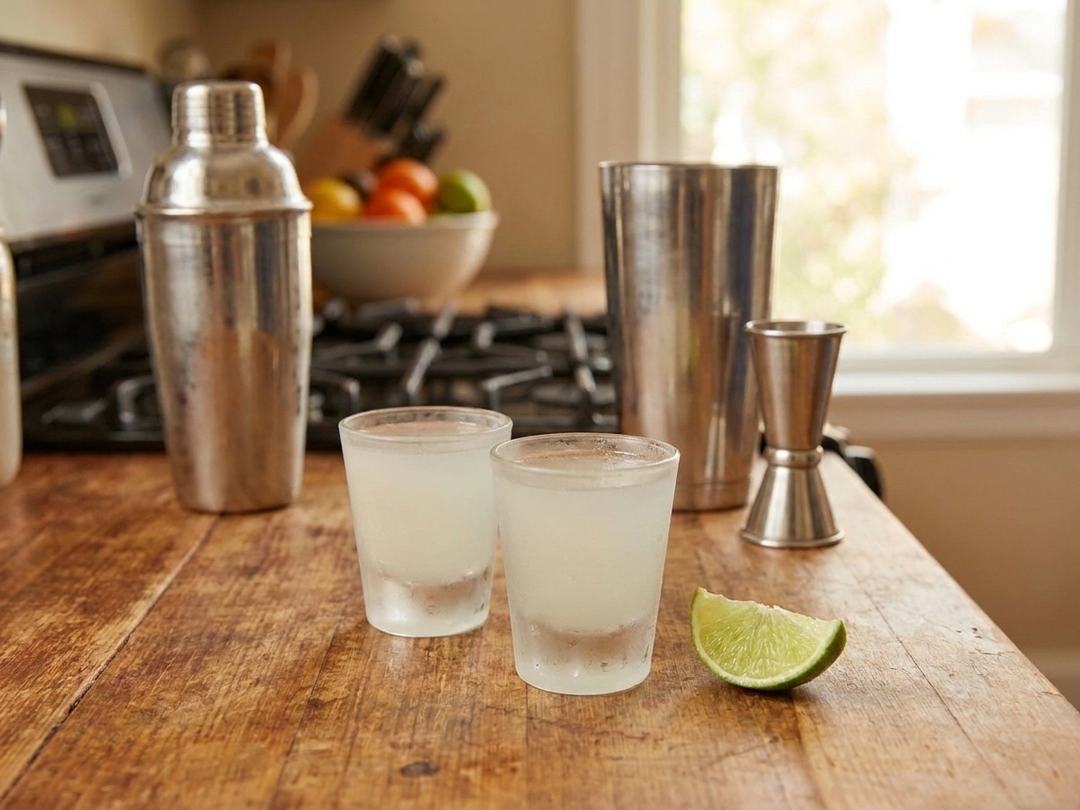 Two chilled shot glasses filled with a pale citrus cocktail on a wooden table with a lime wedge and cocktail shaker in the background