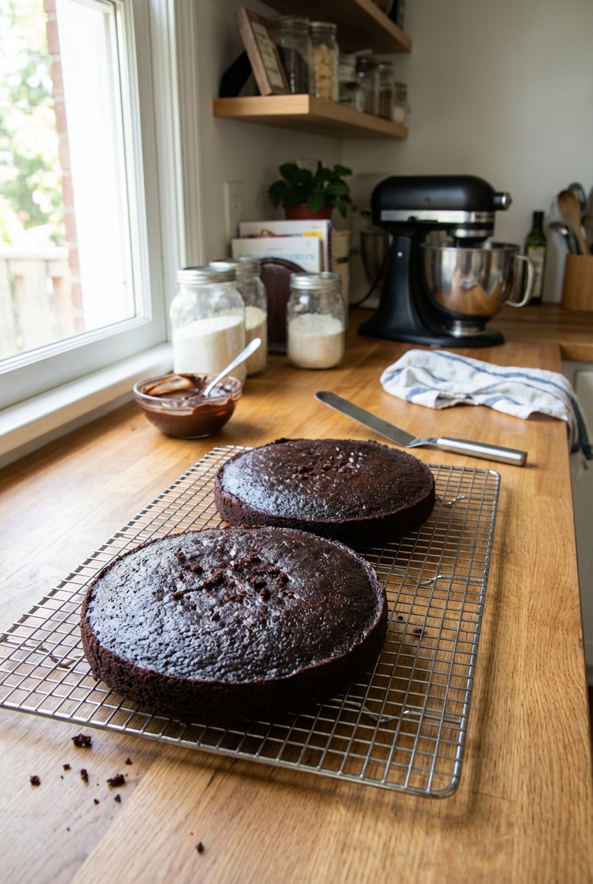 Two chocolate cake layers cooling on a wire rack in a home kitchen