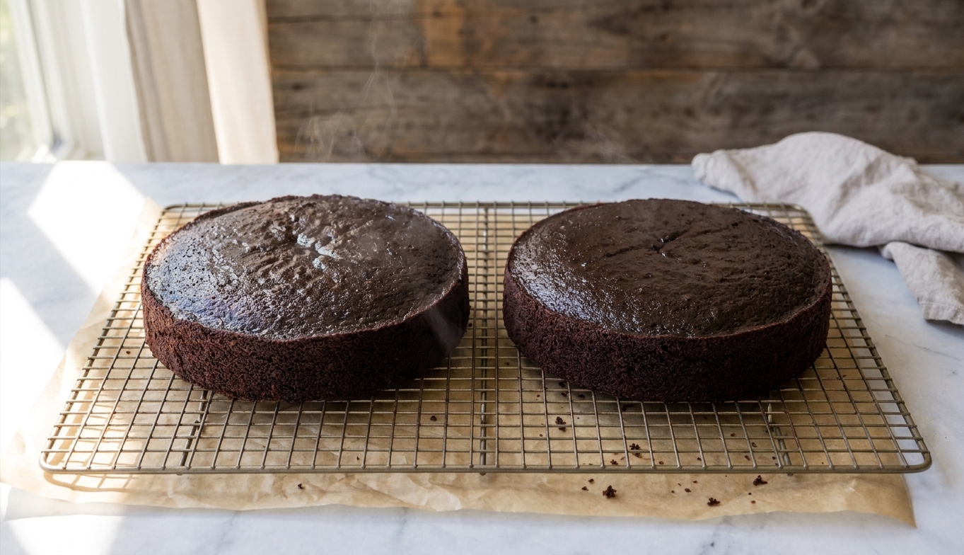 Two chocolate cake layers cooling on a wire rack with parchment paper underneath in a warm, softly lit kitchen