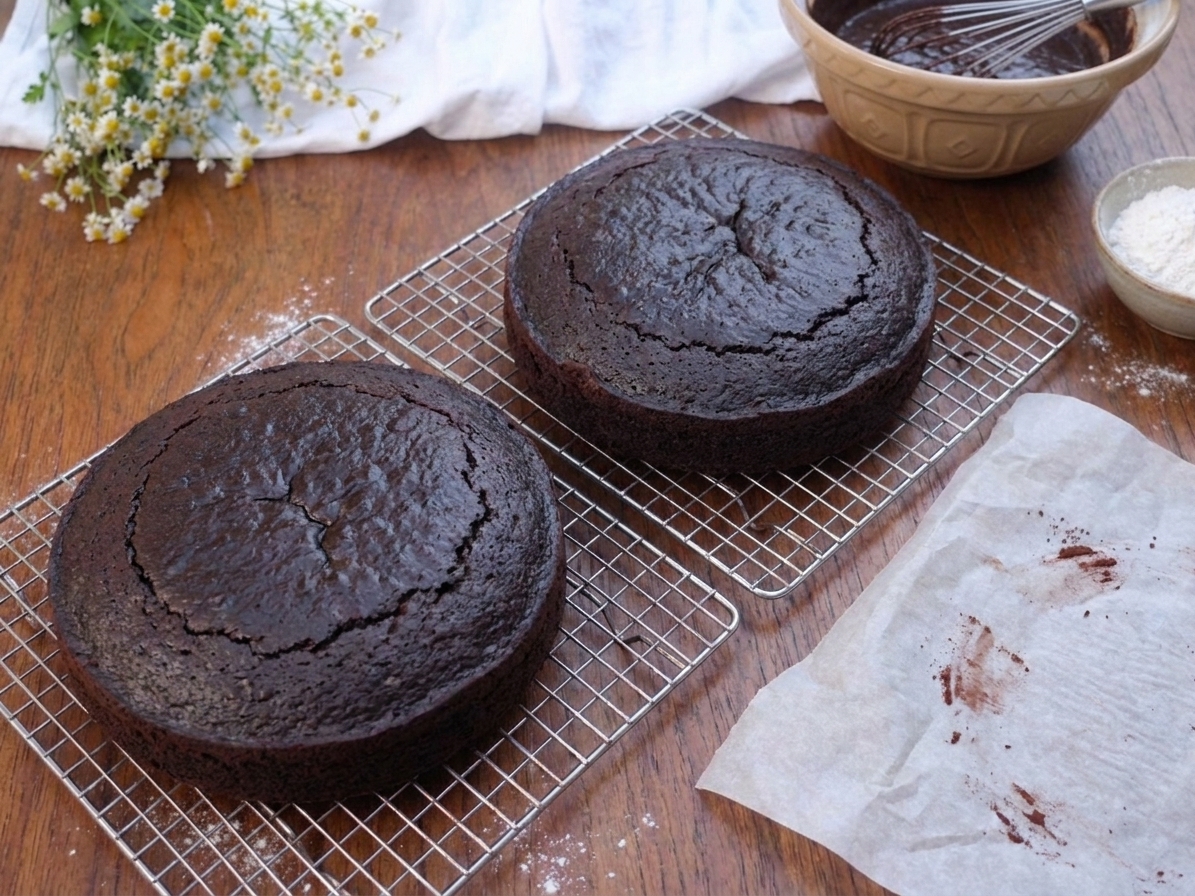 Two chocolate cake layers cooling on wire racks on a kitchen counter with parchment paper nearby