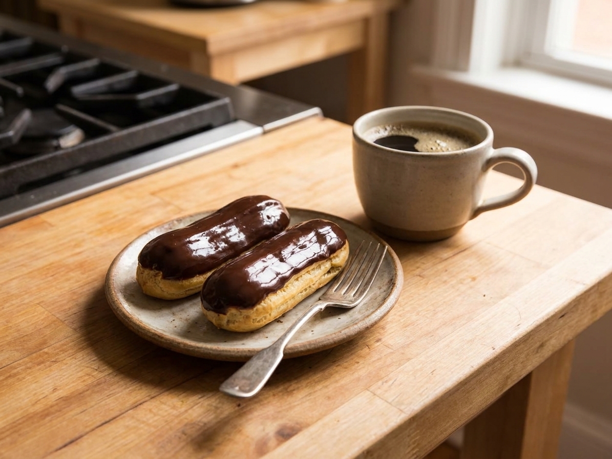Two chocolate-glazed eclairs on a small plate with a fork and a simple coffee cup on a wooden table