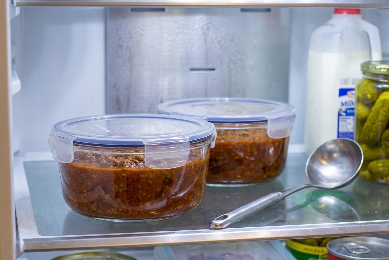 Two clear airtight containers filled with leftover chili on a refrigerator shelf with a ladle resting nearby