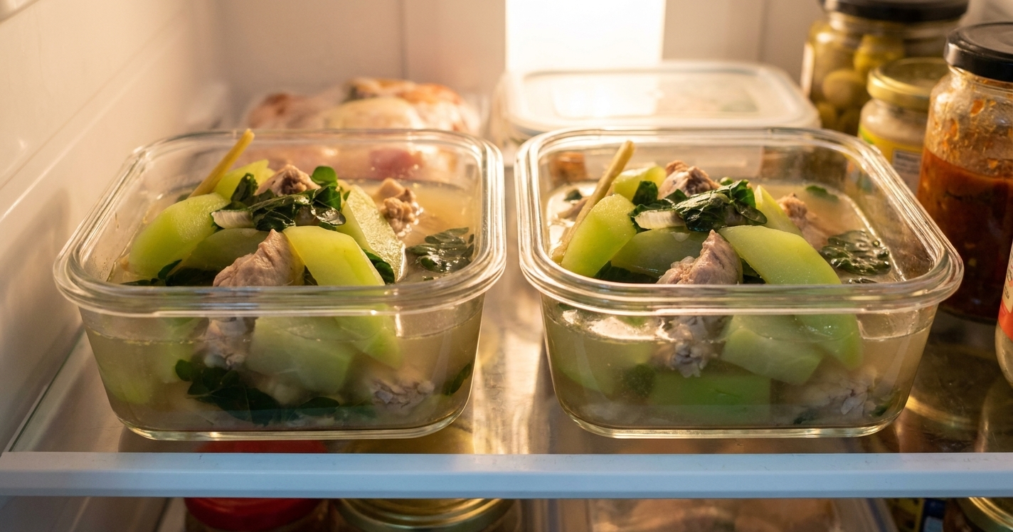 Two clear airtight containers filled with leftover chicken tinola broth, chicken pieces, and vegetables on a refrigerator shelf with soft kitchen lighting