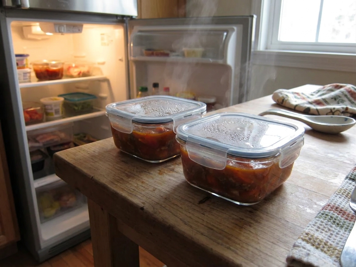 Two clear airtight containers filled with leftover soup cooling on a kitchen counter next to an open refrigerator