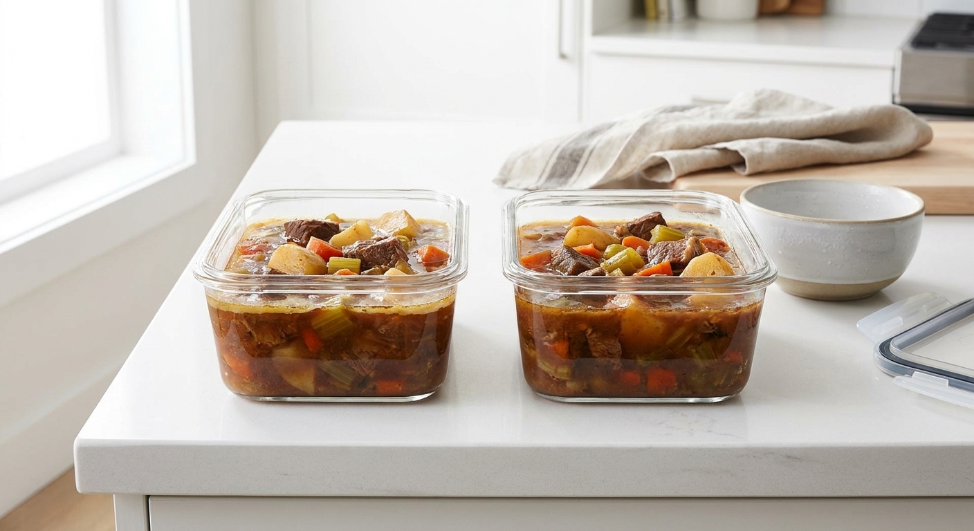 Two clear airtight containers filled with leftover beef stew, cooled and ready to refrigerate on a kitchen counter