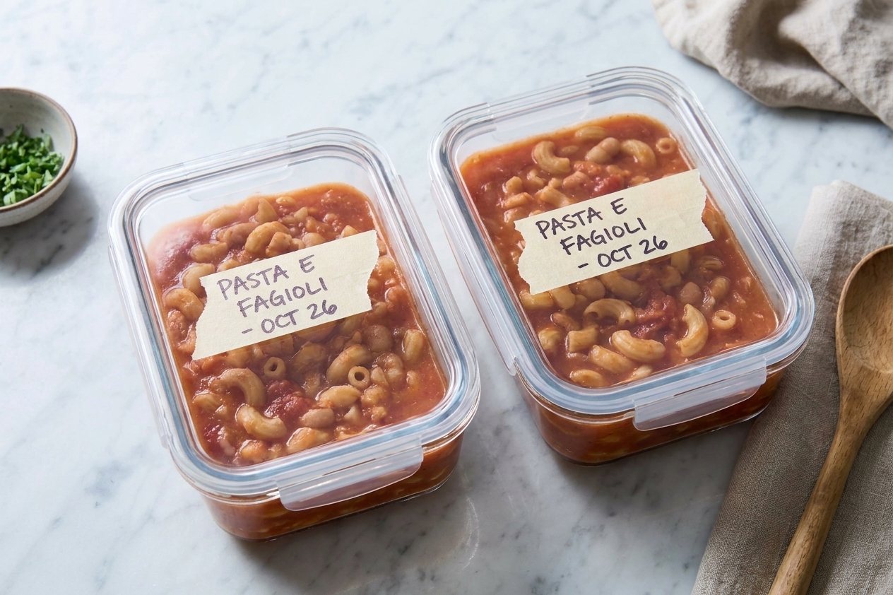 Two clear airtight containers filled with pasta e fagioli leftovers, one labeled with masking tape on the lid