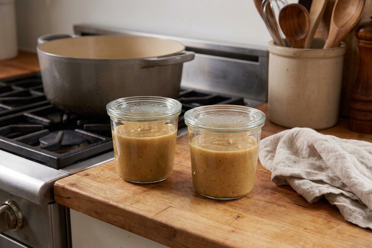 Two clear airtight containers filled with vegan chickpea soup base, lids on, sitting on a kitchen counter ready to go into the refrigerator