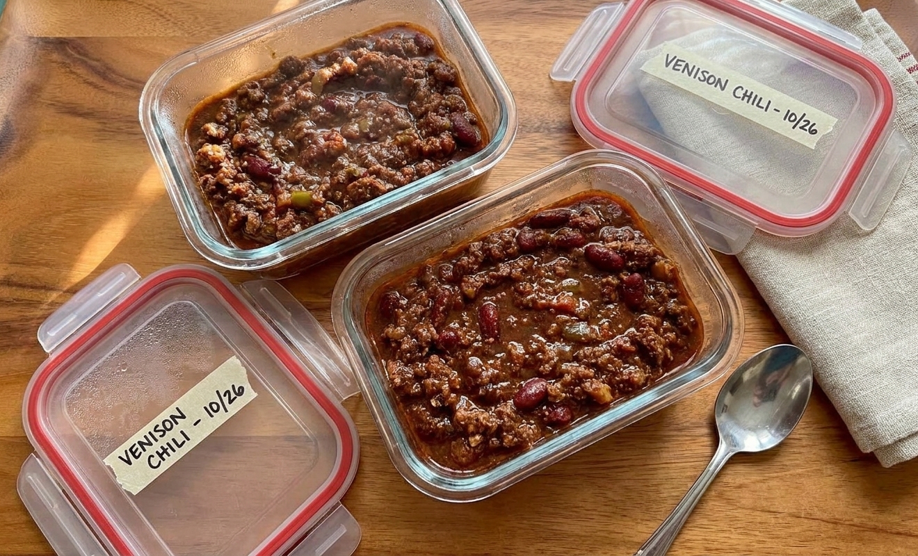 Two clear airtight containers filled with venison chili cooling on a kitchen counter beside labeled lids, ready to store in the refrigerator