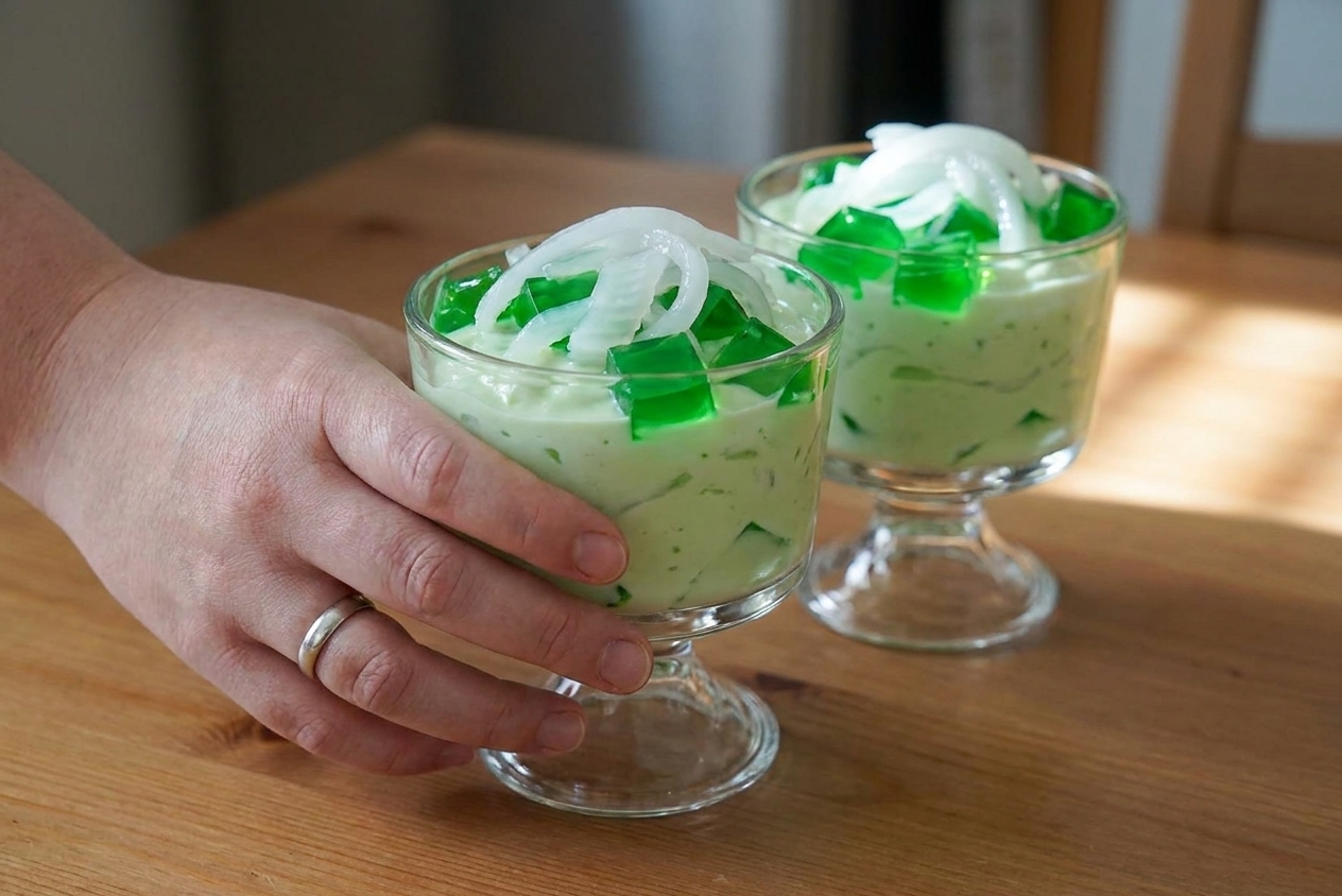 Two clear dessert glasses filled with creamy buko pandan, visible green jelly cubes and young coconut strips, set on a simple dining table