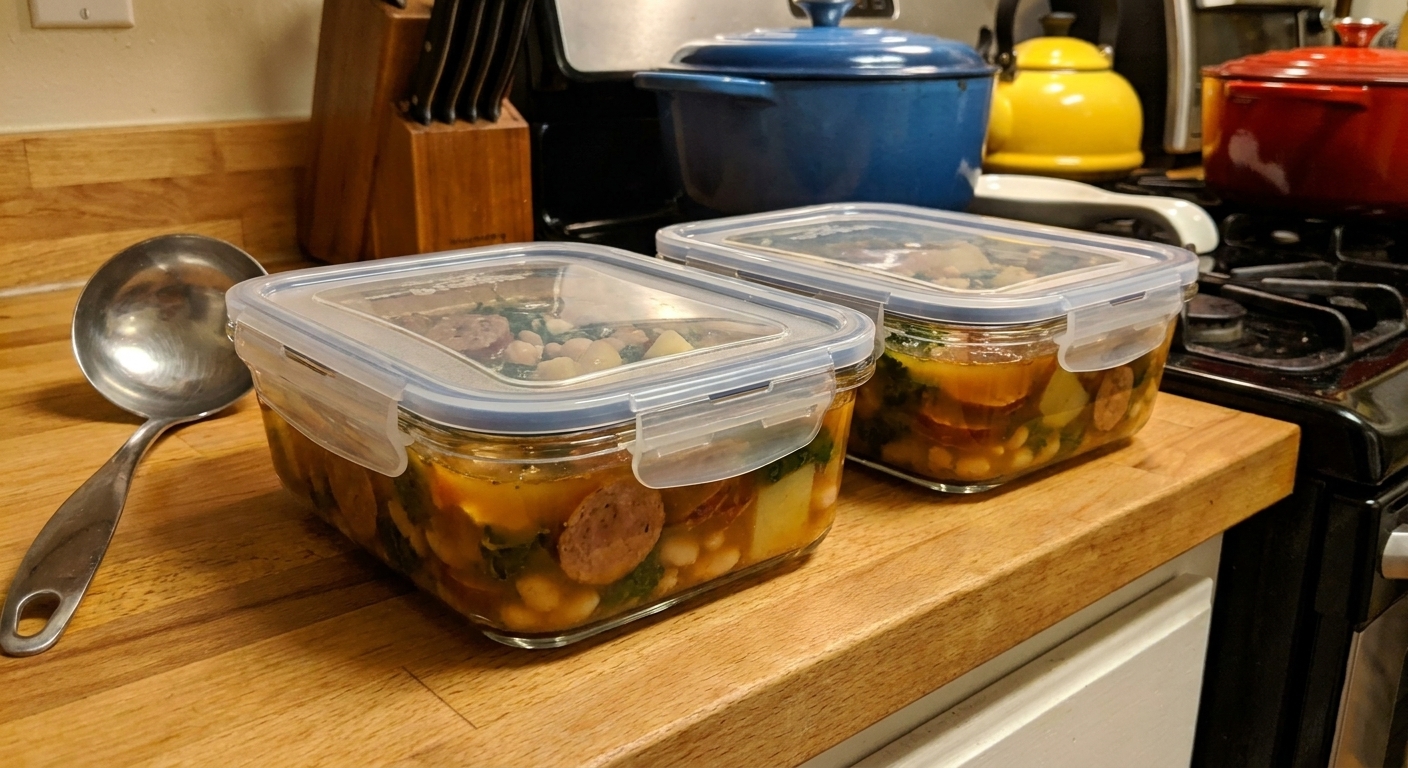 Two clear glass meal prep containers filled with Italian sausage soup, lids on, sitting on a kitchen counter next to a ladle