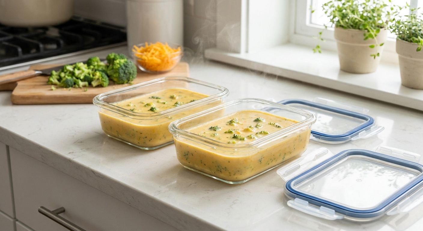 Two clear glass meal prep containers filled with broccoli cheddar soup on a light stone countertop with lids nearby, consistent bright kitchen lighting