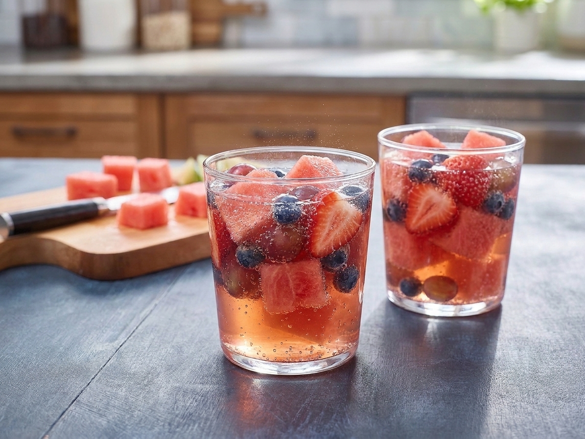 Two clear glasses filled with hwachae, watermelon and berries visible in a fizzy fruit punch base, sitting on a table with sunlight